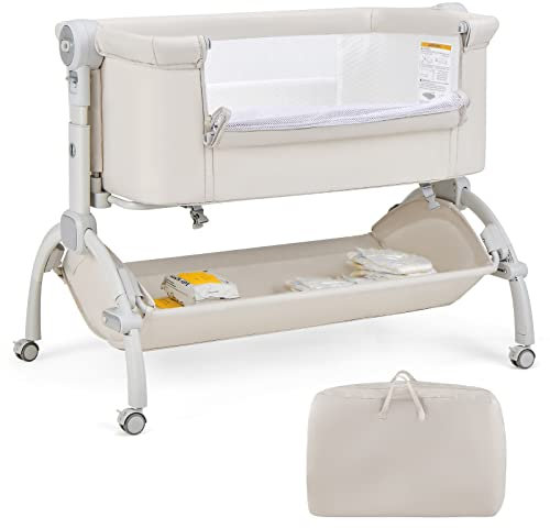 GOPLUS Baby Beistellbett, 3-in-1-Babywiege mit Matratze & Tragetasche & Aufbewahrungskorb, 7-Fach höhenverstellbares Babybett, neigbarer Stubenwagen für Neugeborene bis 9 kg Belastbar (Beige)