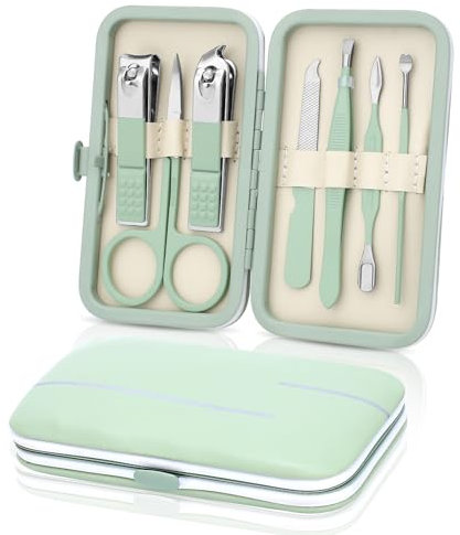 Maniküre Set – Edelstahl Nagelknipser & Nagelhautentferner – 7-in-1 Pediküre Set mit Nagelhautschere, Cuticle Remover für eingewachsene Zehennägel und dicke Nägel (Grün)