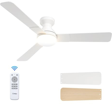 Amico Ceiling Fans with Lights, 52 inch Low Profile Ceiling fan with Light and Remote Control, Flush Mount, Reversible, 3CCT, Dimmable, Noiseless, White Ceiling Fan for Bedroom, Indoor/Outdoor Use
