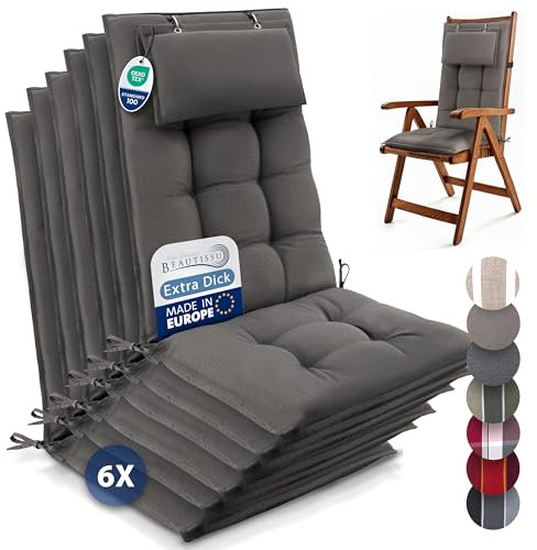 Beautissu 6er Set Premium Hochlehner Auflage mit Kopfpolster 120x50cm Sun-HL – 8cm Dick Polster Gartenstuhlauflage rutschfest Befestigungsbänder UV-Lichtechtheit 5 – Robust Stoff Uni Taupe