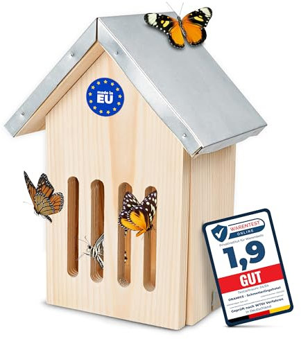 Oramics Schmetterlingshaus aus Kiefernholz mit wetterfestem Metall Dach [Made in Europe] Schmetterlingshotel für Garten und Balkon – Schmetterling Kasten Insektenhotel zum Züchten oder zur Aufzucht