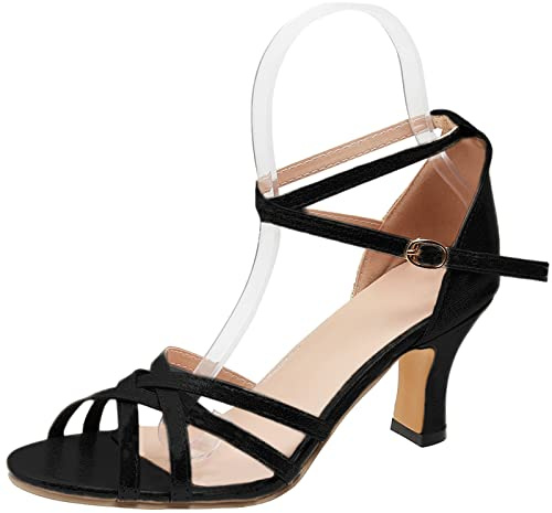 OALEEN Chaussures Sandales Femme Eté Petit Talon Sexy Danse Latine Bout Ouvert Bride Tressée Confortable Soirée Noir 37
