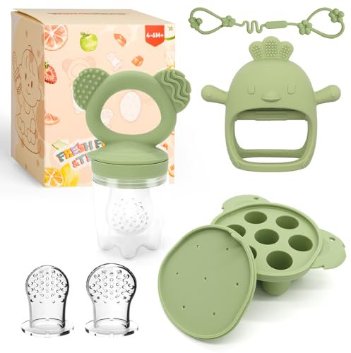 Beißring Baby & Fruchtsauger Baby, Zahnungshilfe für Babys ab 6 Monate, Silikon Beißspielzeug BPA-Frei, Baby Zahnen Relief (Grün)