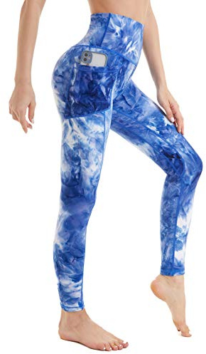 AMYTIS High Waist-gymleggings för kvinnor, stretchiga, mjuka yogabyxor för kvinnor, magkontroll, träning, löpning, leggings med fickor, Batikfärg 10, XXL