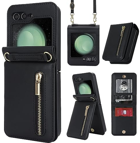 ZHOZEXIN Housse en cuir compatible avec Samsung Galaxy Z Flip 5, avec fermeture éclair, compartiment pour cartes, compartiment pour argent, étui avec cordon pour Galaxy Z Flip 5 (noir)