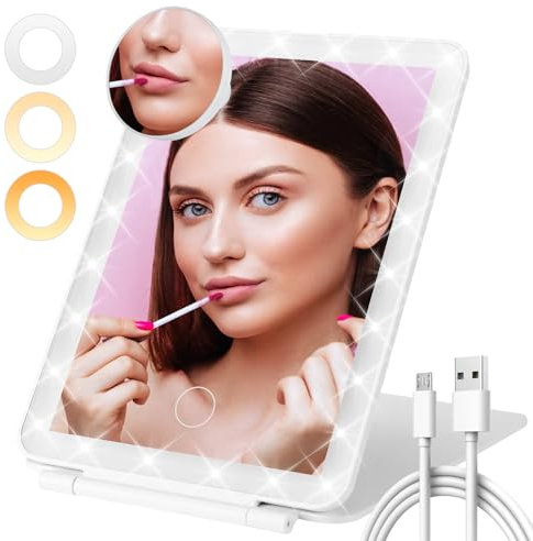 Farerkass Led Schminkspiegel mit Beleuchtung, 1X 10X Spiegel Vergrößerung, Wiederaufladbar Kosmetikspiegel 3 Farblichter, Faltbarer Spiegel Klein, Tischspiegel für Zuhause und Reisenutzung (20x13Cm)