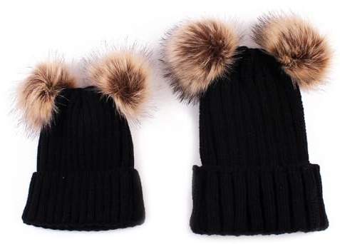 SMTCM 2 berretti per genitori e bambini, a maglia, per la mamma, per bambini, colore nero, per la famiglia, in pelliccia, con pompon, con pompon a maglia, per bambini, mamma, figlia, figlio, berretto