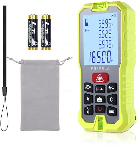 BILIPALA Laser Measure 50M/165ft, High Accuracy Laser Measurement Tool with Larger Backlit LCD, 2 Bubble Levels, Measuring Distance,Area,Volume,Pythagorean Mode for Indoor/Outdoor Use(Red)