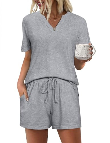 Bresdk Conjunto de Pijama Mujer Verano Corto Algodón Camiseta de Manga Corta y Pantalón Ropa de Dormir Suave Lounge Set Gris L