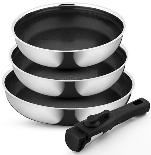 LEBENLANG Pfannenset abnehmbarer Griff - 4 Tlg. In 22/24/28cm Wabenstruktur I Antihaft Bratpfanne Ofenfeste Pfanne mit abnehmbarem griff Induktion Pfannen Set Wabenpfanne Brat- & Universalpfannen Pan