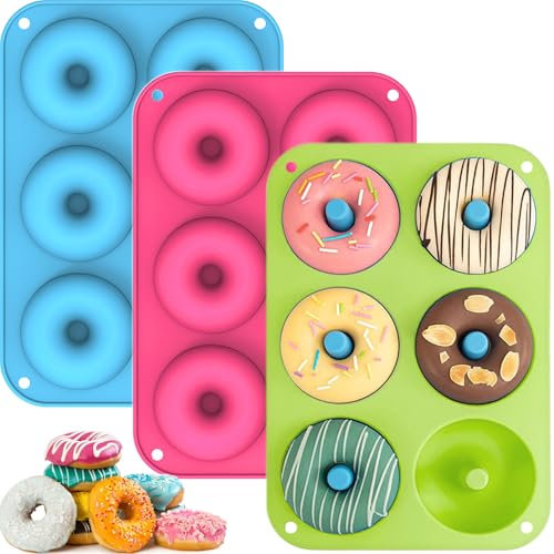 BGOBTY Stampo Ciambella,3 pezzi di Stampi in Silicone,Stampo Ciambellone 6 cavità,Stampi in Silicone per Dolci,Stampo Muffin resistente al calore per torte,biscotti,bagel,muffin (Rotondo)