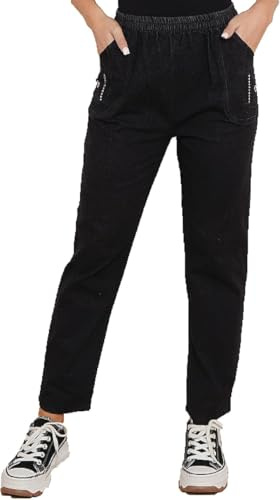 Pretty Attitude Cherry Berry Mom Jeans Full Length Jeans for Women UK Full Elasticated Waist Pant (UK, Numeric, 16, Regular, Regular, Black)