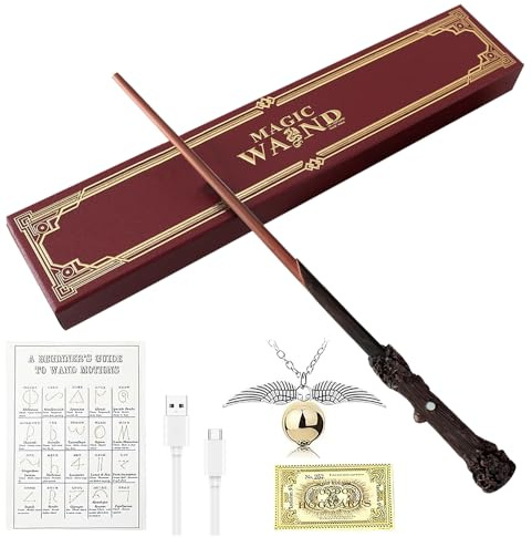 YANGUN Harry Zauberstab mit Licht, 35CM Elderstab HPotter Glühen, Zauberstab aus Harz, Magic Wand in Geschenkbox mit Zauberspruch-Karte, Halskette und Stationsticket, für Spielzeug Cosplay