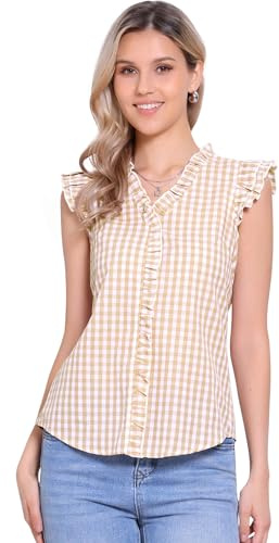 Allegra K Camisa con Volantes para Mujer de los años 50, Cuello en V, Manga Casquillo, Blusa a Cuadros a Cuadros Caqui Claro XL
