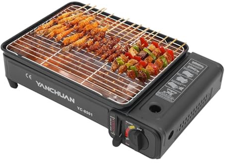 Barbecue à gaz portable avec poêle à gril, filet de cuisson au butane, 2 grilles de cuisson et mallette de transport pour barbecues, caravanes