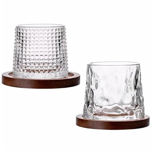 Neroyaner Juego de 2 Vasos de Whisky de 300 ml con 2 Posavasos de Madera creativos Vasos giratorios para cócteles y Bebidas frías.