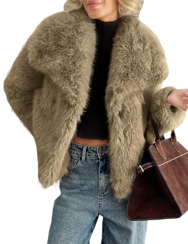 Yimoon Cappotto in pelliccia sintetica da donna con risvolto, aperto davanti, soffice, arruffato, giacca invernale, peloso, caldo, cachi, S