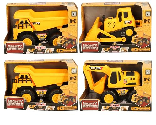 Mighty Movers Construction Truck with Realistic Sound, Yellow City Work Vehicle, 4 Assorted