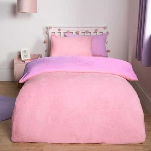 Brentfords Teddy Fleece Double Duvet Set, Christmas Winter Fluffy Cosy Reversible Double Duvet Set Super Soft Warm Thermal Teddy Bear Bedding with Pillowcases, Pink/Lilac