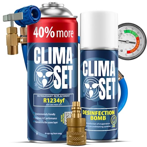 ClimaSet – R-1234yf köldmedium XL & luftkonditioneringsrengöringsmedel för bilar & slang & adapter Az – Luftkonditionering Självpåfyllningsset – Påfyllningsset, Bilklimat Påfyllning – 235 g