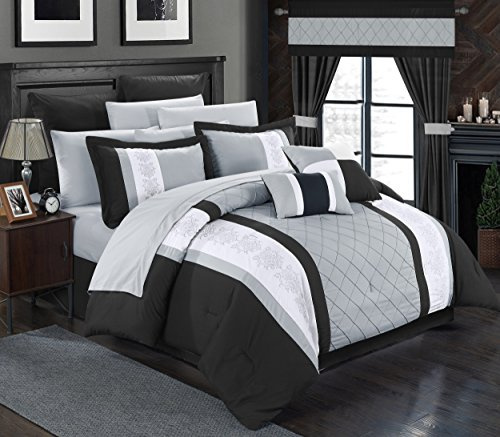 Chic Home Black Bed in a Bag Comforter Set, King Size (24 Pieces), Danielle - Pintuck Embroidery Colorblock Bedding - Comforter, Sheets, Shams, Bed Skirt, Pillowcases, Valances, Curtain Ties & Pillows