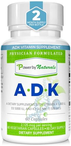 Power By Naturals ADK Vitamin Supplement – Vitamins A, D3 & K2 MK-7 for Bone Health & Calcium Absorption – Gluten-Free, Soy-Free – 60 Capsules (2-Month Supply)