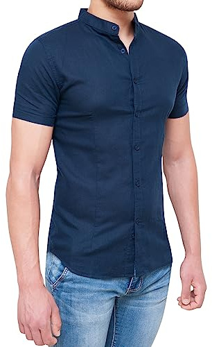 Evoga Camicia Uomo Sartoriale in Lino Maniche Corte Casual (L, Blu)