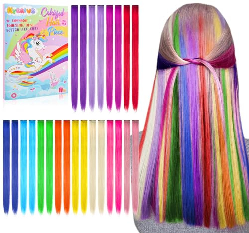 Kyerivs Colored Clip in Hair Extensions 22inch Rainbow Heat-Resistant Straight Highlight Hairpieces Cospaly Fashion Party For Kids Girls 12 Color in 24 pcs