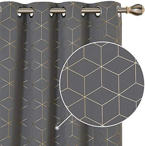 Deconovo Backout Curtains, Gold Diamond Printed Eyelet Thermal Insulated Curtains for Bedroom, 46 x 54 Inch(Width x Length), Grey, One Pair