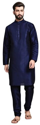 SKAVIJ Uomo Tunica Seta d'Arte Kurta Pigiama Set Blu_M