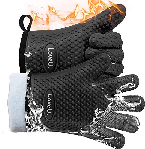 Loveuing Guanti da forno da cucina, a doppio strato, resistenti al calore, guanti da forno in silicone con 5 dita, impermeabili, antiscivolo, per barbecue, cucina, cottura (nero)