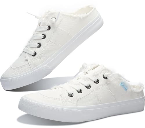 Obtaom Women Canvas Mules Memory Foam Clipper Fashion Sneakers Comfortable Slip-On Mule Backless Shoe（White Canvas US7）