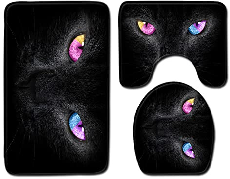 FANSU Lot de 3 Tapis Salle de Bain, Tapis de Bain Antiderapant et Tapis Contour WC Absorbants Lavable Doux Couverture de Toilette Siège pour Baignoire,Douche (45x75cm,Chat Noir)