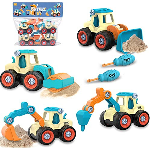 LiRiQi Sandkasten Sandspielzeug Engineering Bagger Set, Klein Baufahrzeuge, DIY Lernspielzeug Geschenk für Kinder Jungen Mädchen 3 4 5 6 Jahre