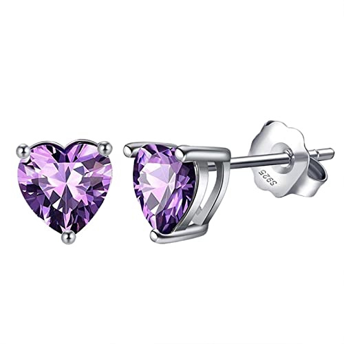 Bellitia Jewelry Orecchini a Bottone in Argento Sterling 925 per Donna Ragazze, Orecchini a Lobo con Pietra a Forma di Cuore Orecchini Carini Anallergici Ametista Viola