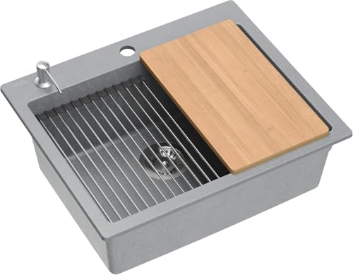 QUADRON Granite Kitchen Sink, Size 59.5 x 50 x 21.5 cm, Colour: Grey, Kurt 110 Granite Sink Built-in Sink, Single Bowl Kitchen Sink, Set: Dispenser, Wooden Board, Qmata, Siphon