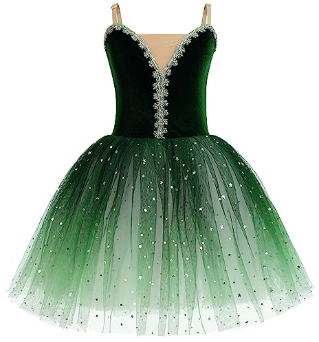 OBEEII Fille Ballet Danse Robe Spaghetti Straps Décalcomanie Brodée Tutu Justaucorps Classique Gymnastique Léotard Costume avec Brassard Vert B 11-12 Ans