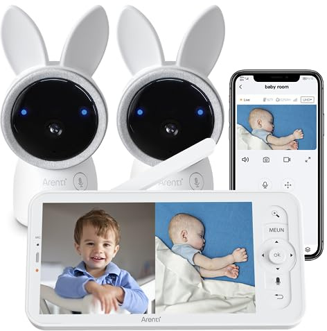 ARENTI 2,5K/4MP Baby Monitor Video e Audio con 2 Fotocamere, Schermo Diviso Telecamera Bambini con Monitor, Rilevamento Intelligente, Audio Bidirezionale, Visione Notturna IR, Sensore di Temperatura