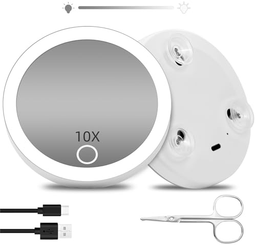 Magnifying Mirror with Light 10X, Lighted Magnifying Mirror 10X Magnification with 3 Suction Cups, 4inch Rechargeable Magnified Travel Makeup Mirror Magnifying Pocket Mirror with Scissors, Dimmable