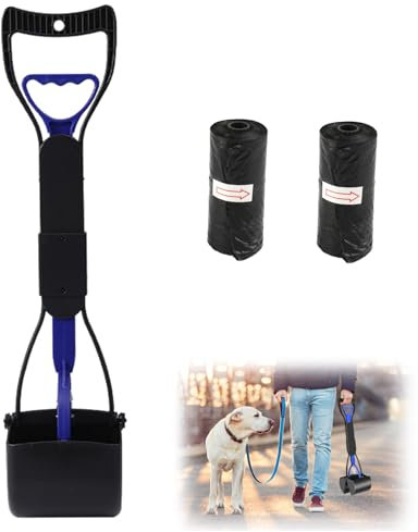 DALAETUS Pet Pooper Scooper Set, 17.7 inch Long Handle Portable Foldable Dog Dirt Scoop with Waste Bag for Outdoor/Indoor Cat Dog Animal Waste Grass Gravel Sand, Blue