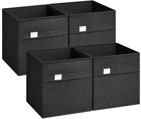 SONGMICS Aufbewahrungsbox, 4er Set, Ordnungsboxen, 30 x 30 x 30 cm, 2 Griffe, faltbar, Oxford-Gewebe, Leinenimitat, pflegeleicht, Metall-Etikettenhalter, für Würfelregal, tintenschwarz ROB230B04