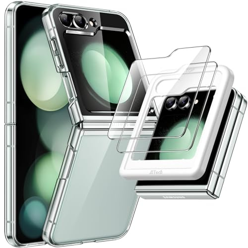 JETech 3 en 1 Funda para Samsung Galaxy Z Flip 5 con 2 Protector Pantalla Frontal Cristal Vidrio Templado, Carcasa Protectora Transparente Cristal Caparazón PC Dura (Transparente)