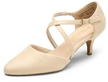 DERAM Pairs Womens Court Shoes Mid Heel Chunky Dress Sandals Pointed Toe Kitten Ladies Ankle Strap Wedding Party Pumps SDPU2437W-E,Size 5,Nude,SDPU2437W-E