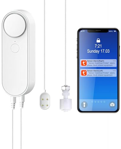 Mengshen Detector WiFi de Fuga de Agua y Nivel de Agua, 2 en 1 Tuya Smart Alarm Alerta App de Volumen Alto con 6.5 pies de línea de detección para peceras y acuarios