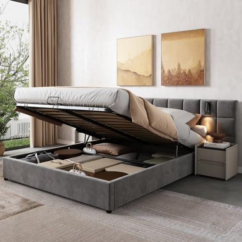 KOMHTOM Double Rembourré Lit Coffre avec Rangement sous Lit et Lampe Directionnelle, Cadre de lit, Sommier à Lattes en Bois, Gris(sans Matelas) (160x200cm)