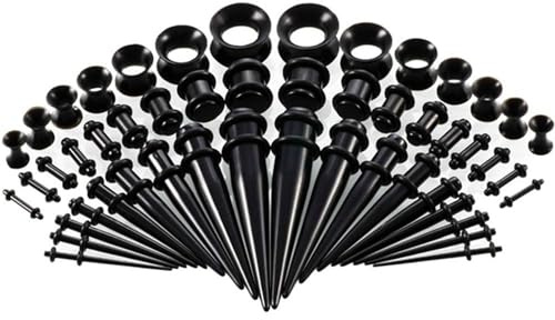saerryor 50PCS Ear Stretching Kit, 14G-00G Acrylic Ear Taper Kit and Silicone Tunnel, Ear Gauges Expander Set,Black Ear Stretcher, Body Piercing Jewelry