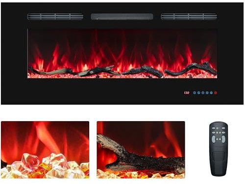 33 in / 84cm Electric Fireplace Inserts, Recessed and Wall Mounted Fireplace Heater, Thermostat, Linear Fireplace with Remote & Touch Screen, Multicolor Flame, Timer, Log & Crystal, 750W/1500W…