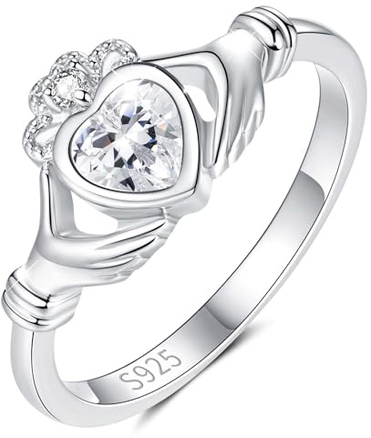 SOLOLIKE Sterling Silver Dainty Claddagh Rings for Women - White Heart Gemstone Stackable Ring Size 7 Irish Promise Rings - Christmas Anniversary Birthday Jewelry Gifts for Mother Daughter