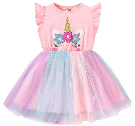 JiAmy Mädchen Kleider Rüschen Kurzarm Ärmel Einhorn Druck Baumwolle Top Tüll Tutu Kleid Kinder Geburtstag Party Kleidung für Mädchen 3-4 Jahre Hellrosa