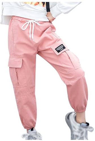 Kids Cargo Pants Girls Age 2-12 Years Vintage Cargo Trousers for Girls Loose Fit Elastic Waist Tighter Pockets Comfy Stretchy Winter Spring Casual Athletic Streetwear (11-12 Years) Pink
